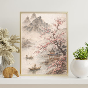 Poster paisagem de flor de cerejeira arte de montanha a