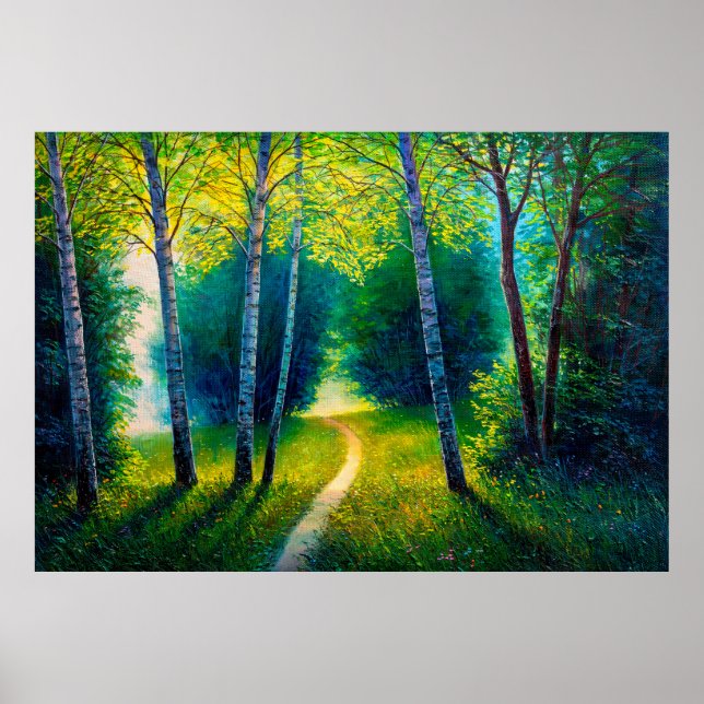Poster Paisagem de floresta com pintura a óleo, bela roa  (Frente)