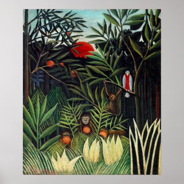 Poster Paisagem de Henri Rousseau com Ga Botânica Macacos (Frente)