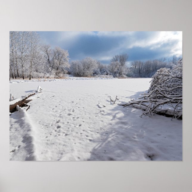Poster paisagem de inverno ao longo do lago e florestas d (Frente)