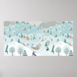 Poster Paisagem de inverno com neve, árvores e crianças