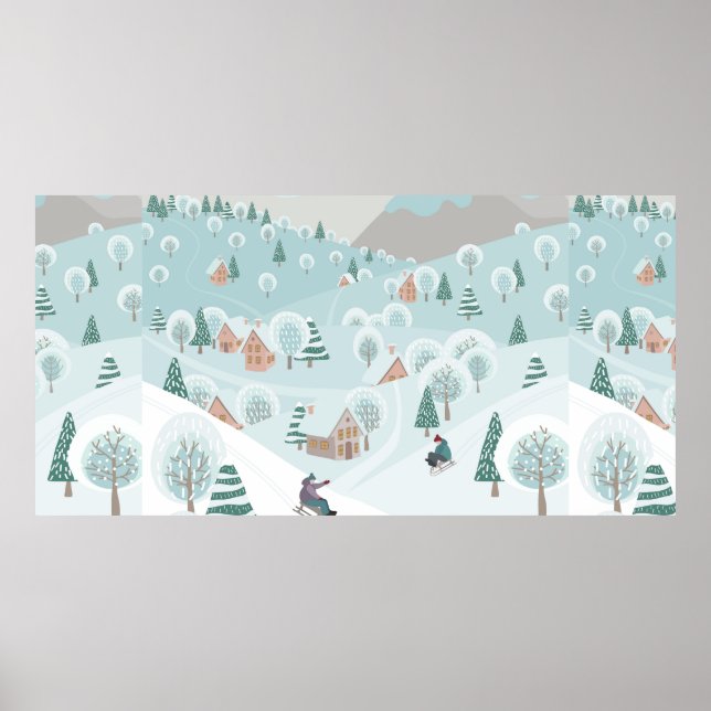Poster Paisagem de inverno com neve, árvores e crianças (Frente)