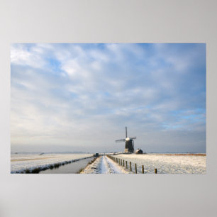 Poster Paisagem de inverno com neve e moinho de vento na