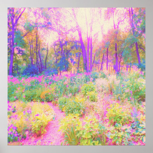 Poster Paisagem de Jardim Iluminado Rosa e Coral (Frente)