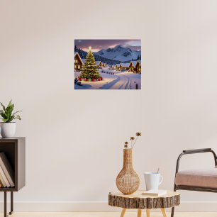 Poster Paisagem de luzes de Natal com neve