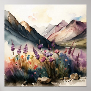 Poster Paisagem de Montanha com Flores Selvagens Aquarela