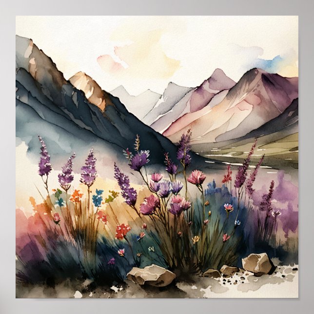 Poster Paisagem de Montanha com Flores Selvagens Aquarela (Frente)