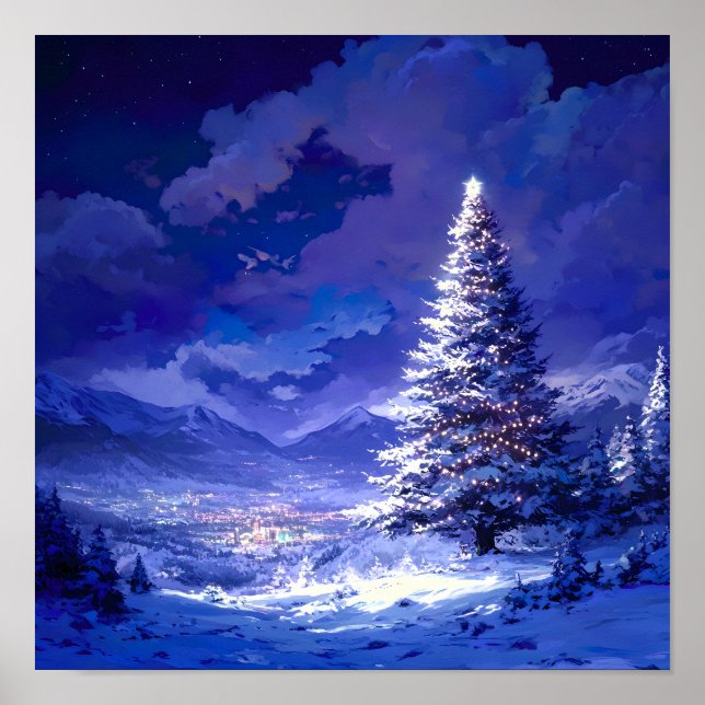 Poster Paisagem de montanha nevada com árvore de Natal br (Frente)