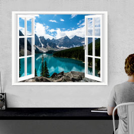 Póster Paisagem de montanhas e lagos Vista da janela fals