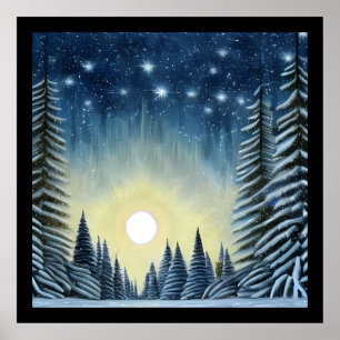Poster Paisagem De Neve Evergreen Lua Sob As Estrelas Not