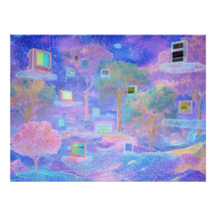 Póster Paisagem de Nuvens Vaporwave com Janelas Flutuante