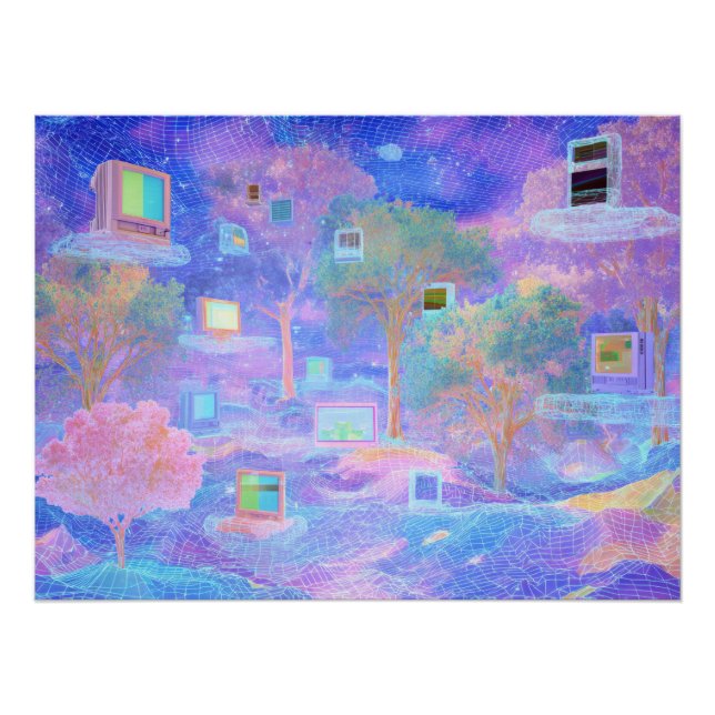 Póster Paisagem de Nuvens Vaporwave com Janelas Flutuante (Frente)
