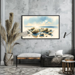 Poster Paisagem de Ostras de Aquarelas com Conchas Costei