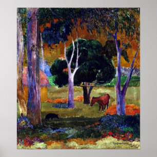 Poster Paisagem de Paul Gauguin com um porco e um cavalo