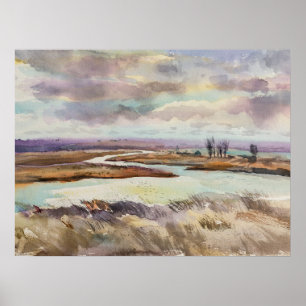Poster Paisagem de pradaria em aquarela. Arte ucraniana