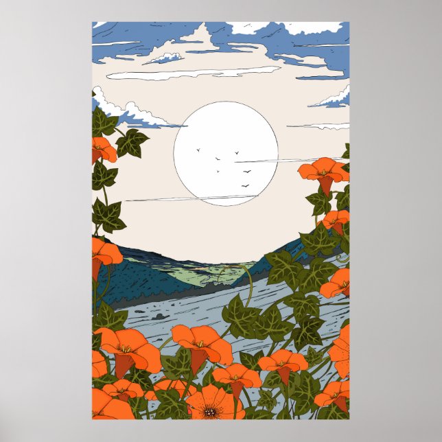 Poster Paisagem de prado de flores silvestres lindas (Frente)