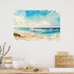 Poster Paisagem de Praia de Aquarela