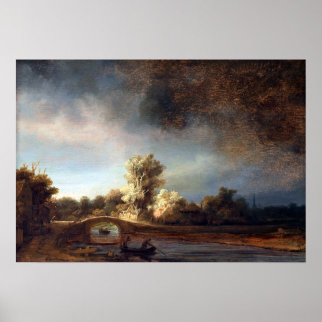 Poster Paisagem de Rembrandt com uma ponte de pedra (Frente)