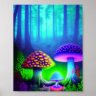 Poster Paisagem de sonho de floresta vibrante com cogumel