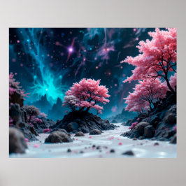 Poster Paisagem de Sonho Mágica Com Árvores Rosa Luminosa
