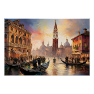 Póster Paisagem de Veneza com Gondolas e San Marco