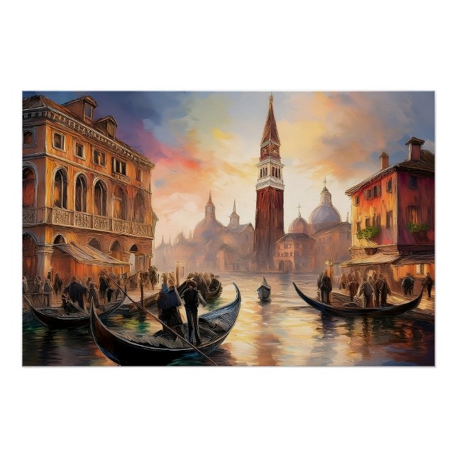 Póster Paisagem de Veneza com Gondolas e San Marco | (Frente)