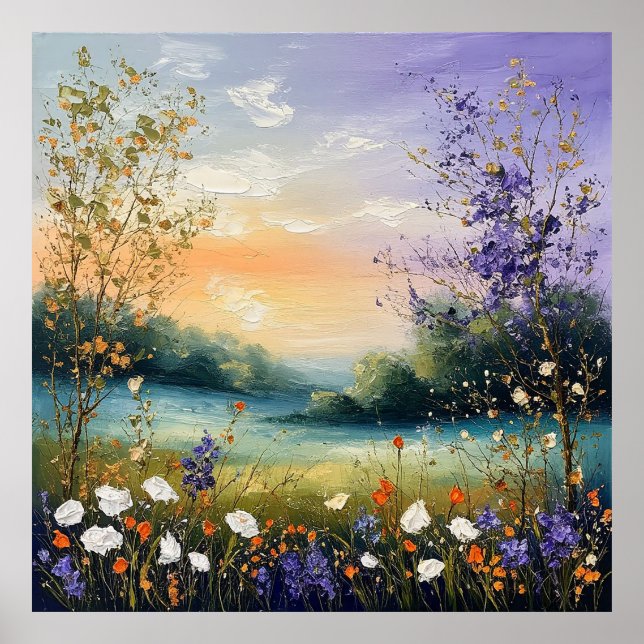Poster Paisagem de Verão com Flores Silvestres e Árvores (Frente)