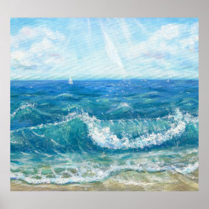Poster Paisagem de verão, ondas azuis, pintura acrílica.