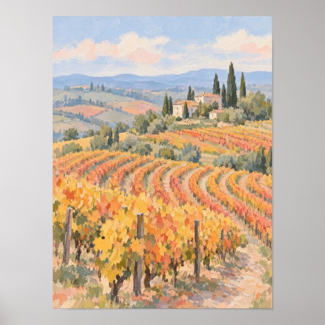 Poster Paisagem de Vinhedo de Outono com Ciprestes (Frente)