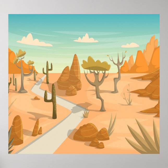Poster Paisagem Desert Road: Cartoon Vintage. (Frente)