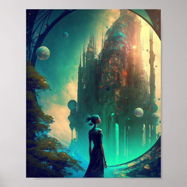 Poster Paisagem do Castelo de Fantasia Futurística (Frente)