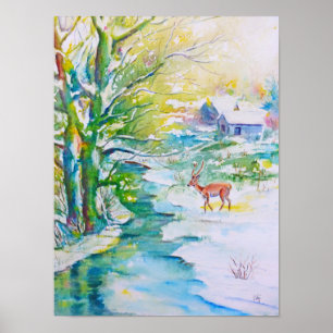 Poster Paisagem do córrego dos cervos da neve da pintura