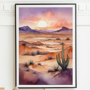 Poster Paisagem do Deserto com Aquarela com Sunset e Cact
