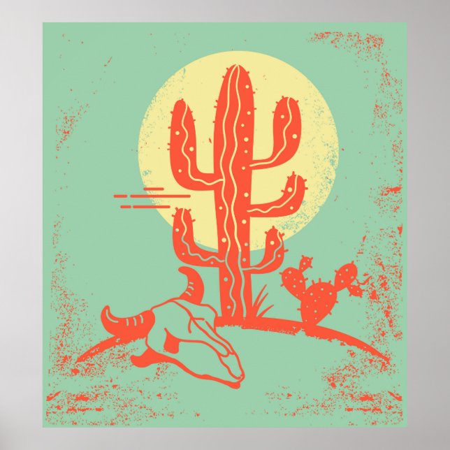 Poster Paisagem do deserto com Cactus e crânio de vaca. V (Frente)