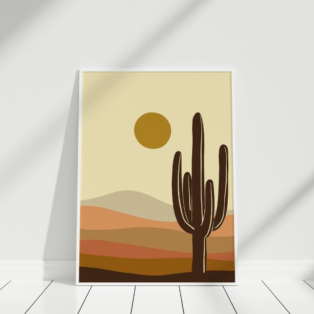 Poster Paisagem do Deserto Laranja Queimado pelo Boho (Boho Burnt Orange Desert Landscape Poster against white wall in white frame.)
