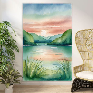 Poster Paisagem do Lago Aquarela com Montanhas e Sunset