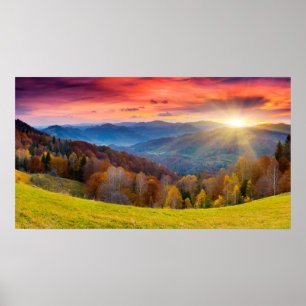 Póster Paisagem do outono da montanha com floresta