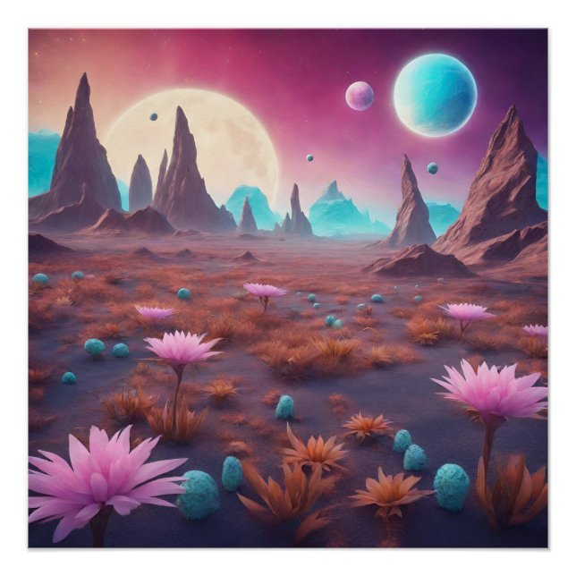 Póster Paisagem do Planeta Alienígena Fantasia com Flores (Frente)