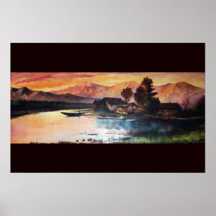 PÓSTER PAISAGEM DO POR DO SOL ALPINO DO LAGO DAS MONTANHA
