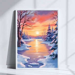 Poster Paisagem do pôr do sol do rio de inverno aquarela