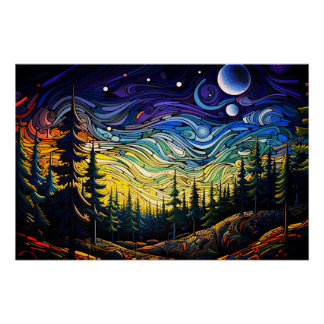 Póster Paisagem do Sol da Árvore Florestal Colorida abstr