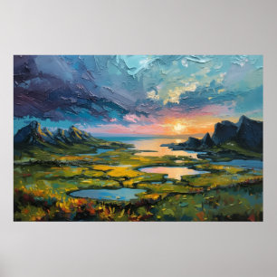 Poster Paisagem dramática de montanha ao pôr do sol na co