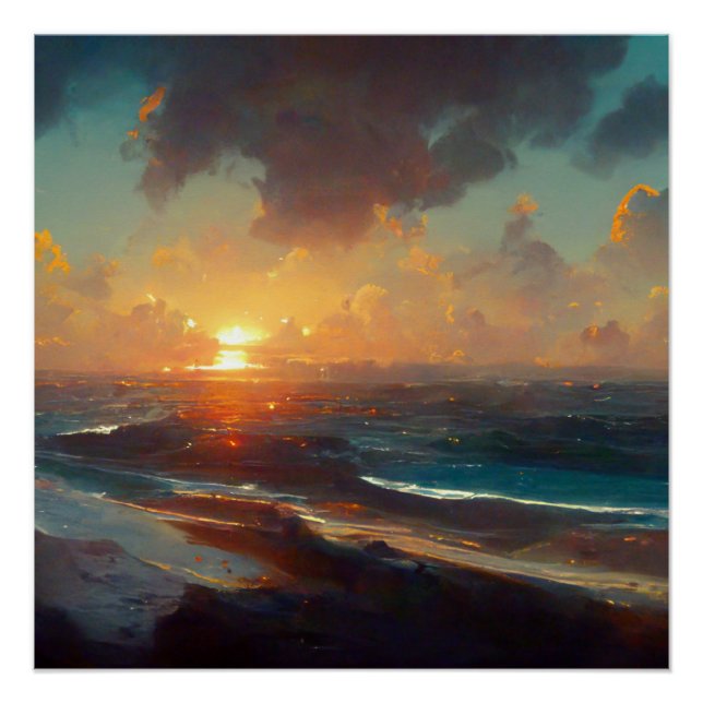 Póster Paisagem Dramática de Ondas de Praia Sunset (Frente)