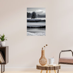 Poster Paisagem e árvore de inverno, preto e branco - art