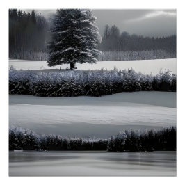 Póster Paisagem e árvore de inverno, preto e branco - art
