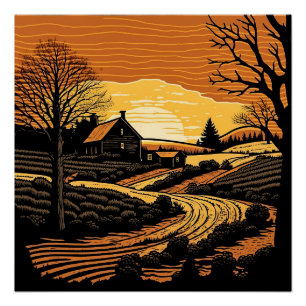 Póster Paisagem em Xilogravura
