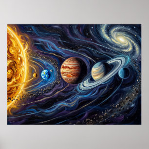 Poster Paisagem Espacial Noturna Estrelada do Sistema Sol