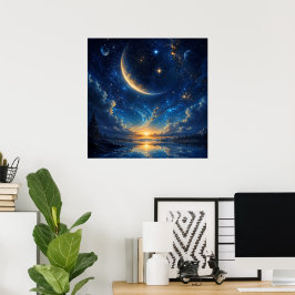 Poster Paisagem Fantasia da Lua Crescente Cósmica — Azul
