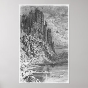 Póster Paisagem fantástica com a cidade e o castelo
