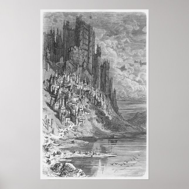 Póster Paisagem fantástica com a cidade e o castelo (Frente)